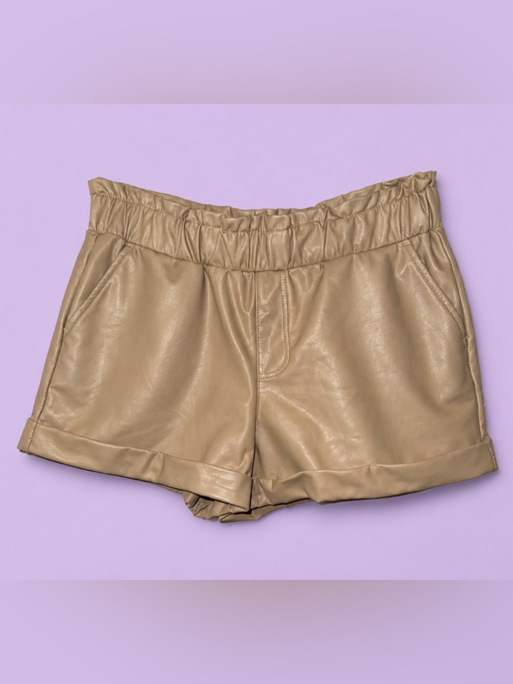 Sincerely Jules Tan Faux Leather High Waist Shorts Large Paperbag Waist Pockets